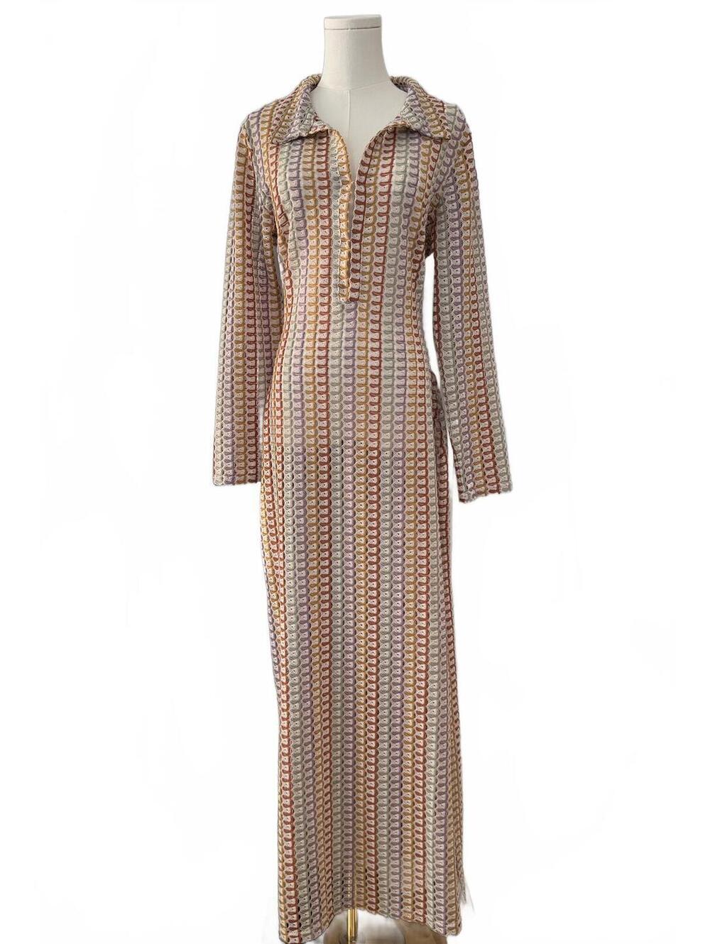 FORE Crochet Knit Cover Up Dress Collared Long Sleeve Resort Swim Boho